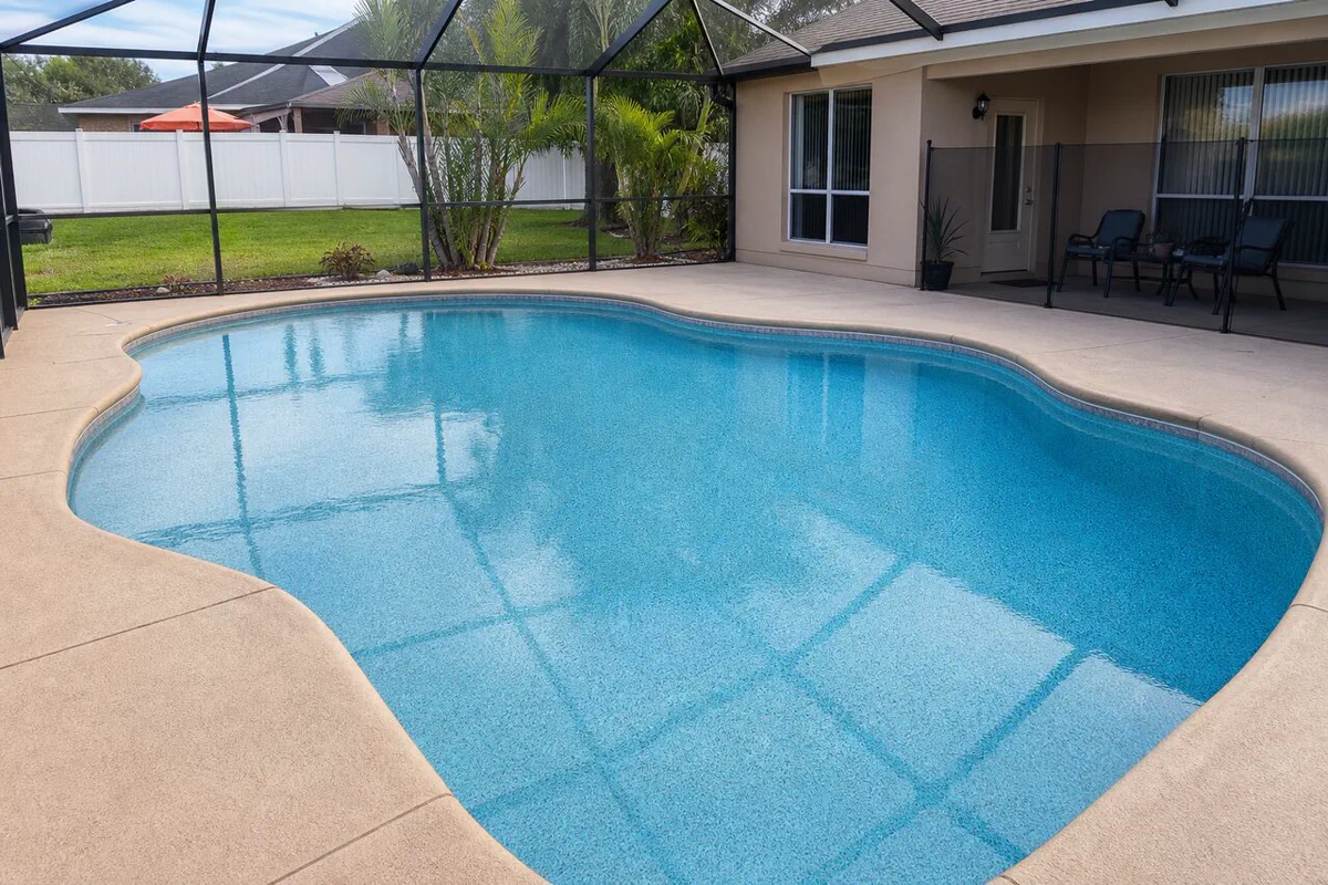 Finished quartz-blend pool surface showing a denser speckled finish
