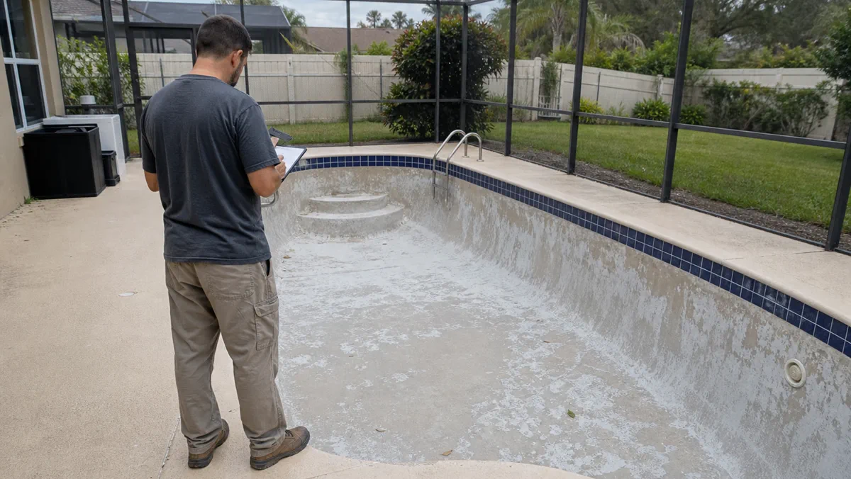 Screen enclosure and gate access affecting equipment reach for a Palm Bay pool resurfacing